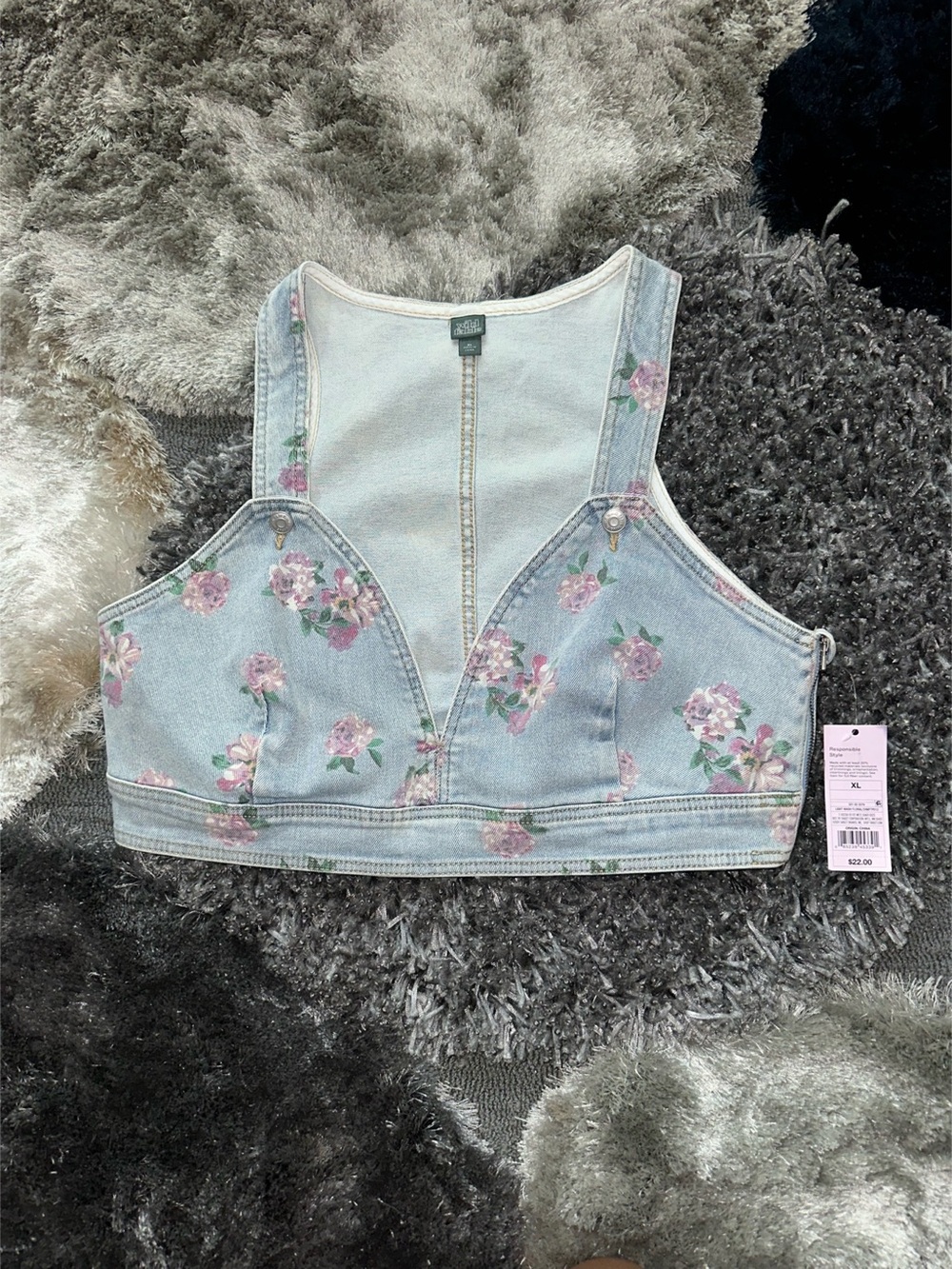 Wild Fable Cropped Denim Floral Print Vest Blue & Pink XL